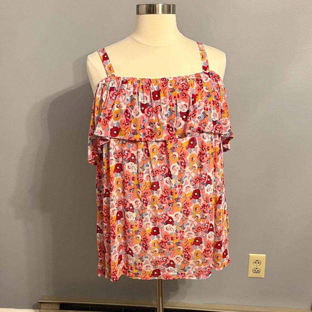 Lane Bryant Pink Multi Floral Ruffle cold shoulder short sleeve blouse